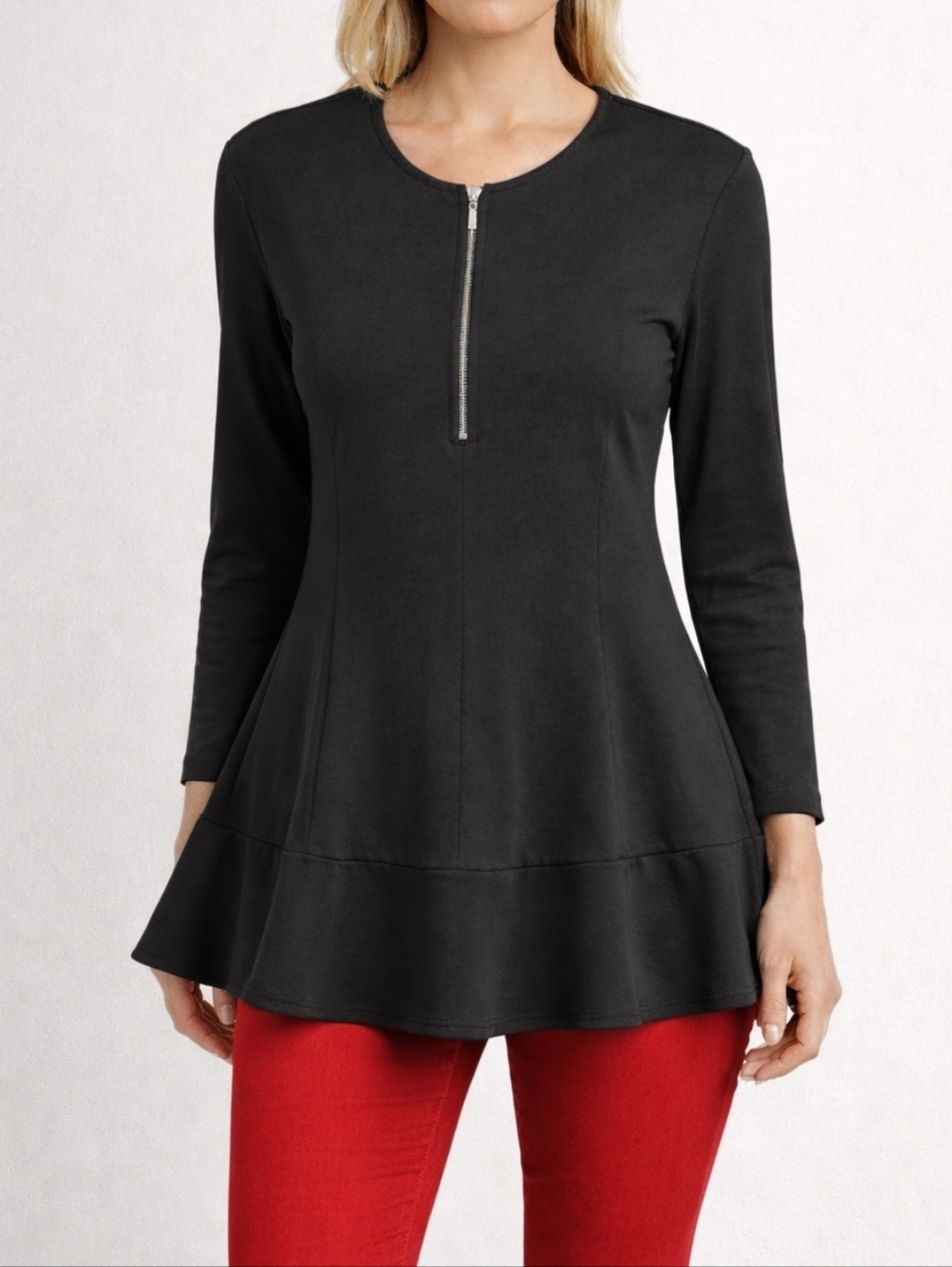 Finley Peplum Tunic Top Black Zip Front Long Sleeve USA Made Women Size Medium